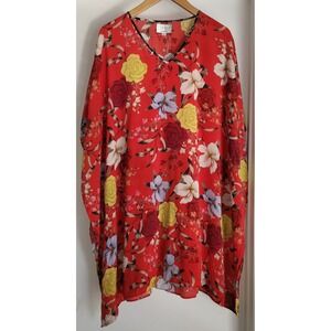 Jade by Johnny Was Women's Red Silk Tunic Blouse Sz XS Floral Boho Chic Flowy